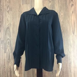 Laura Scott Blk Pleated Button-Up Long Slv Blouse
